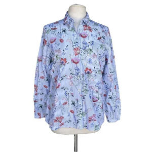 GERRY WEBER Women’s Size 12 Blue Floral Striped Cotton Roll-tab Sleeve Blouse